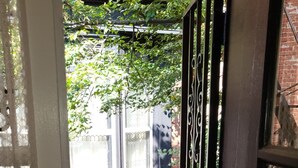 A view from a balcony with a brick wall, a small potted plant, and a metal railing. - The Carriage House of Mount Vernon (Baltimore)