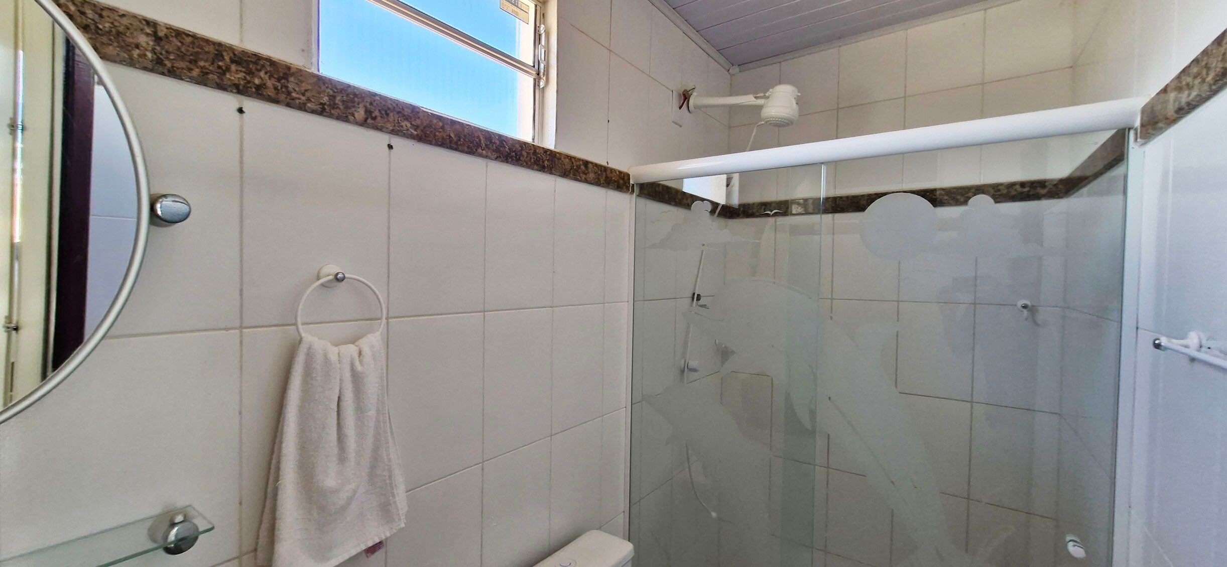 Un baño con ducha de vidrio, inodoro y espejo.