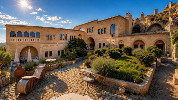 A courtyard with stone flooring, outdoor seating, and a building with arches and windows. - Hush Cappadocia (Urgup)