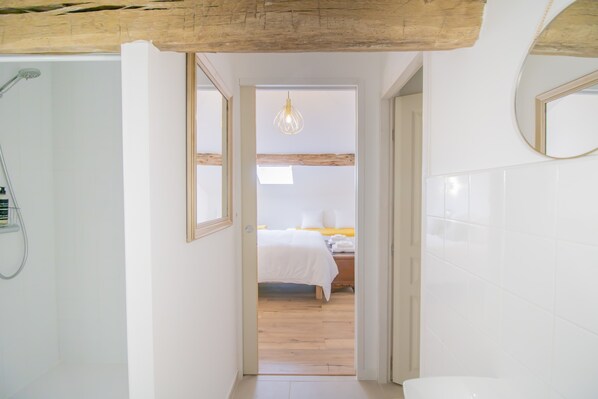 A bathroom with a shower, a toilet, and a mirror.