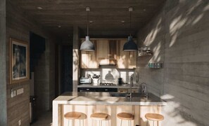 Fridge, stovetop, coffee/tea maker, toaster