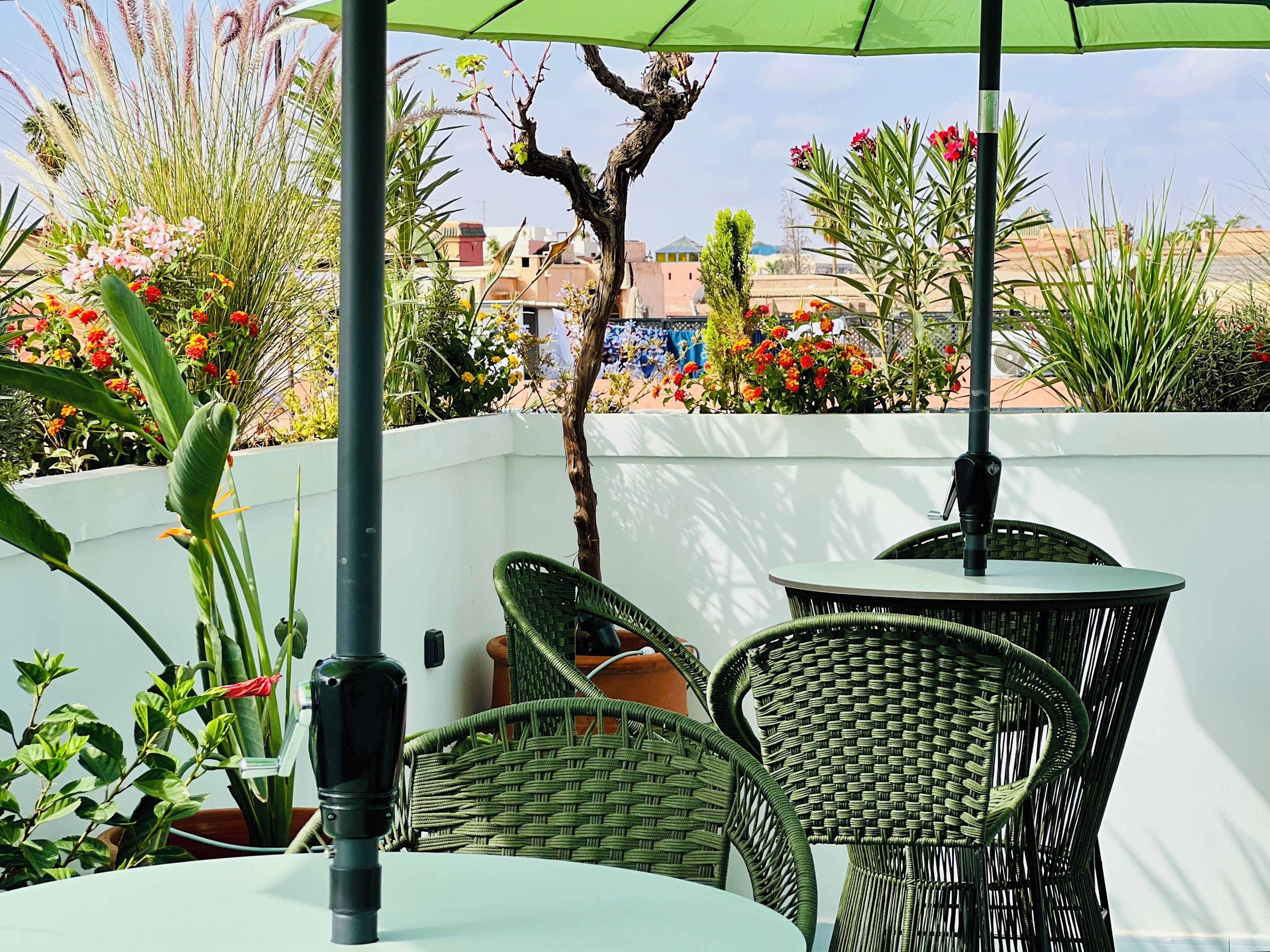 An outdoor seating area with wicker chairs and a table under a green umbrella, surrounded by various plants and flowers.