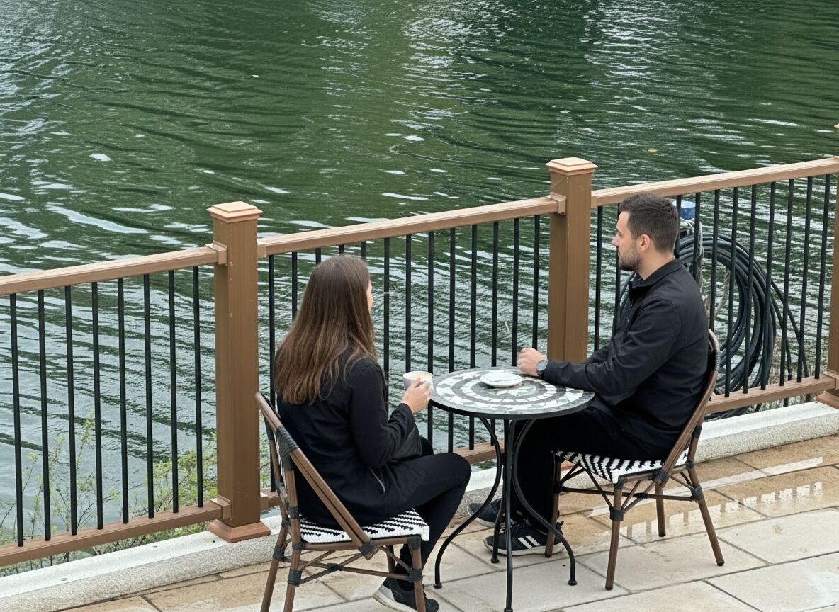 Duas pessoas sentadas em uma mesa redonda à beira-mar, com uma grade e um cabo ao fundo.