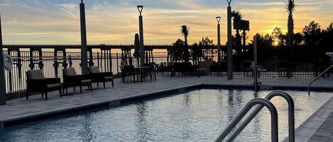 Seasonal outdoor pool, pool umbrellas, sun loungers