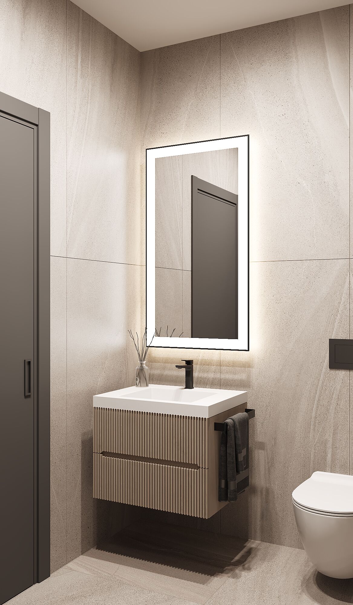 Un bagno moderno con uno specchio rettangolare, un lavandino bianco e un water.