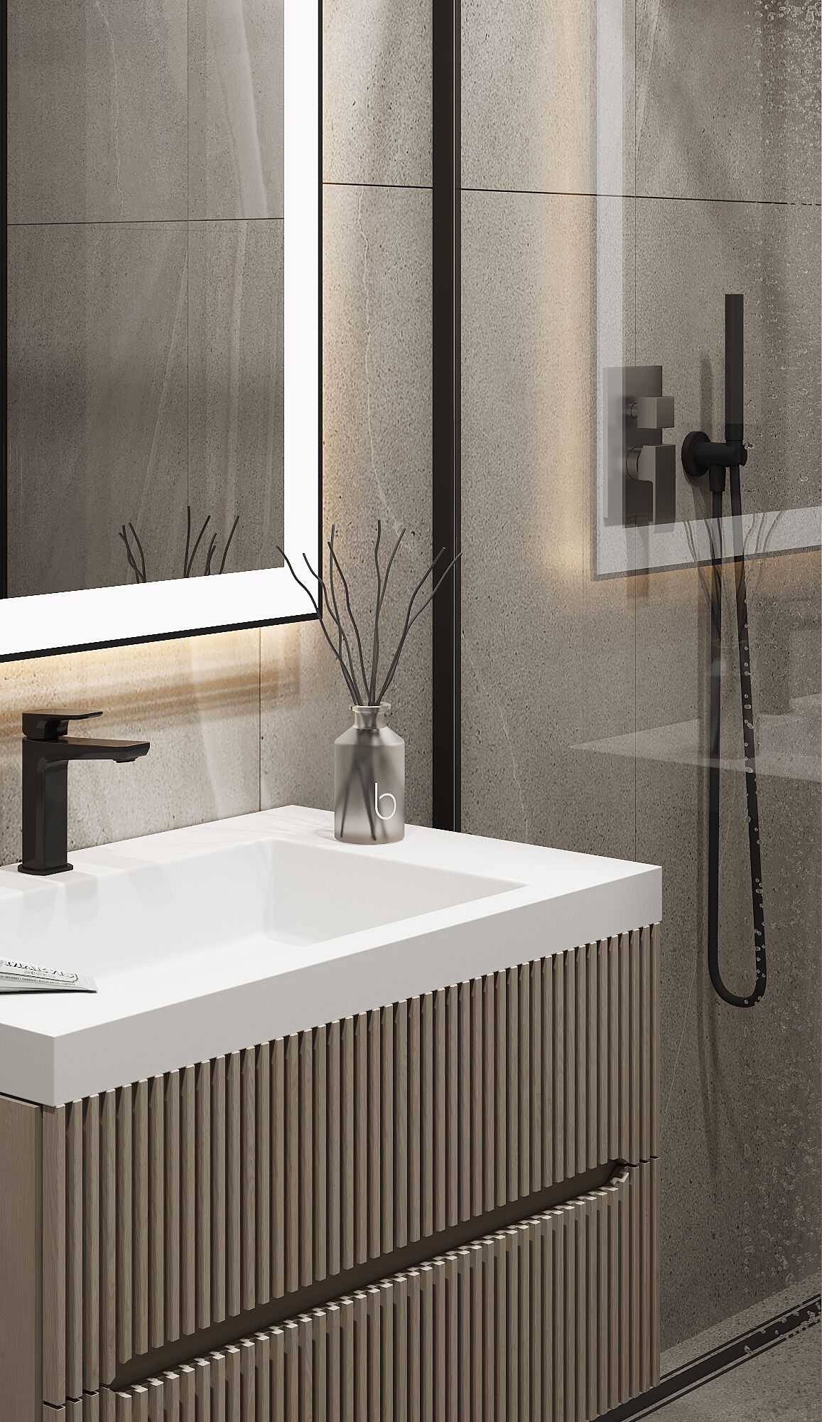 A modern bathroom with a white sink, a mirror, and a shower area.