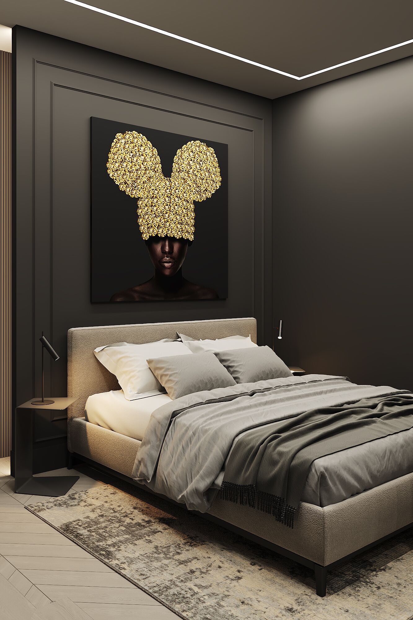 A modern bedroom with a large bed, a nightstand, a wall-mounted lamp, and a framed artwork above the bed.