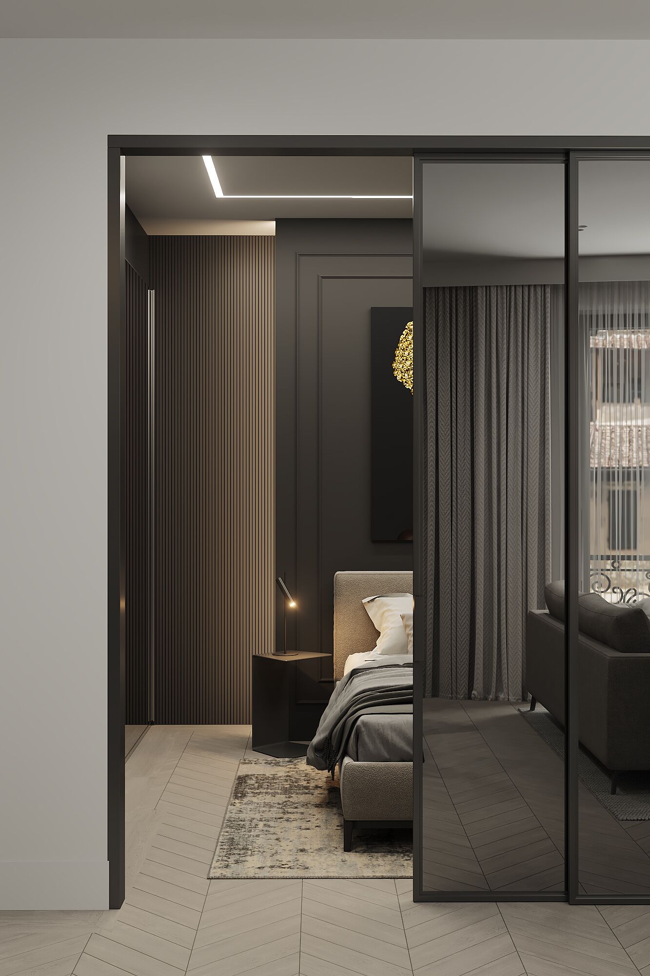 A modern bedroom with a bed, bedside table, and a large mirror.