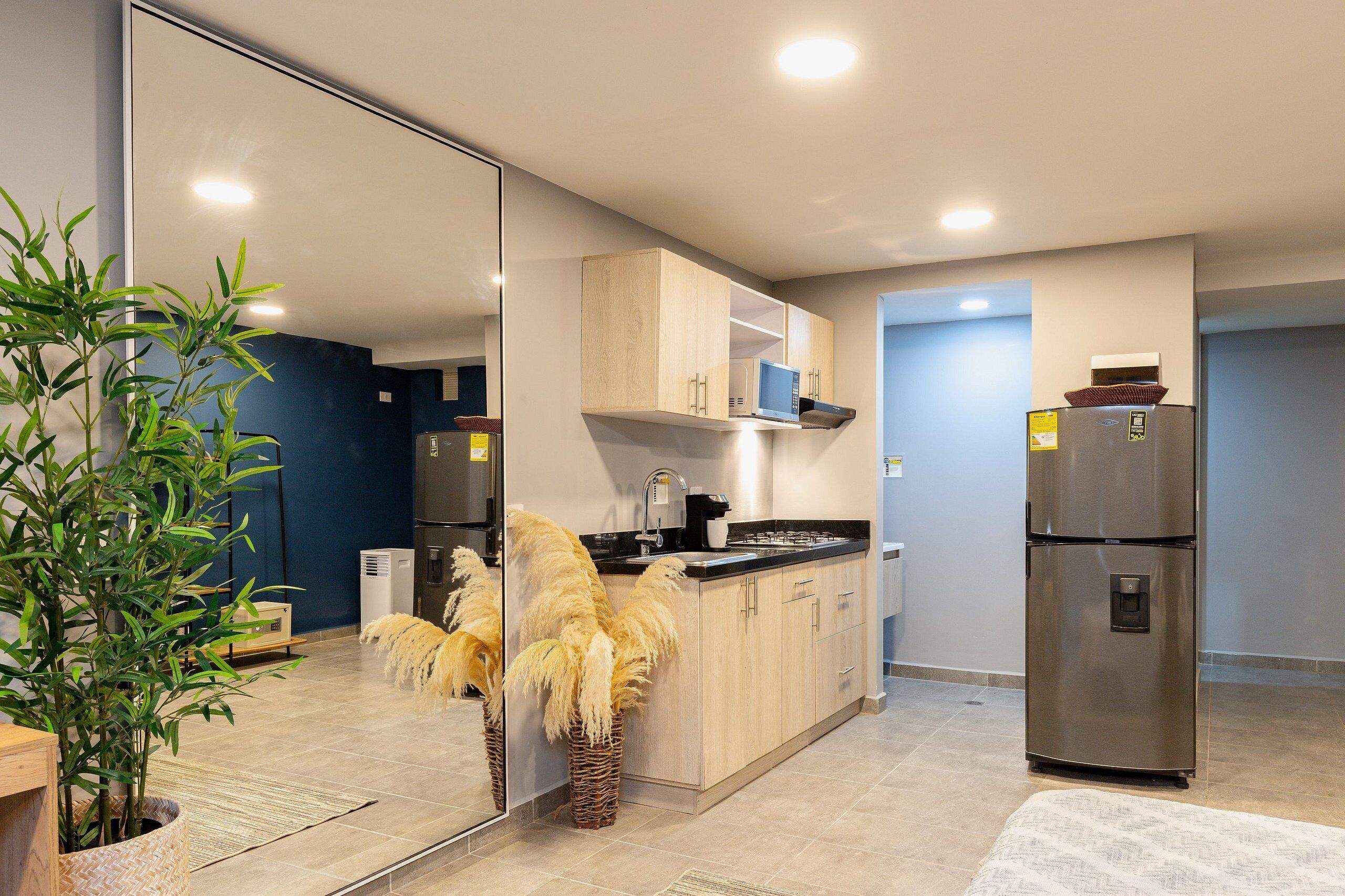 Fridge, microwave, cookware/dishes/utensils