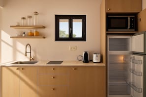 Fridge, microwave, stovetop, cookware/dishes/utensils