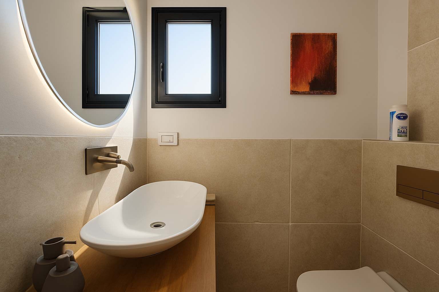 A modern bathroom with a freestanding bathtub, a wall-mounted sink, and two windows.
