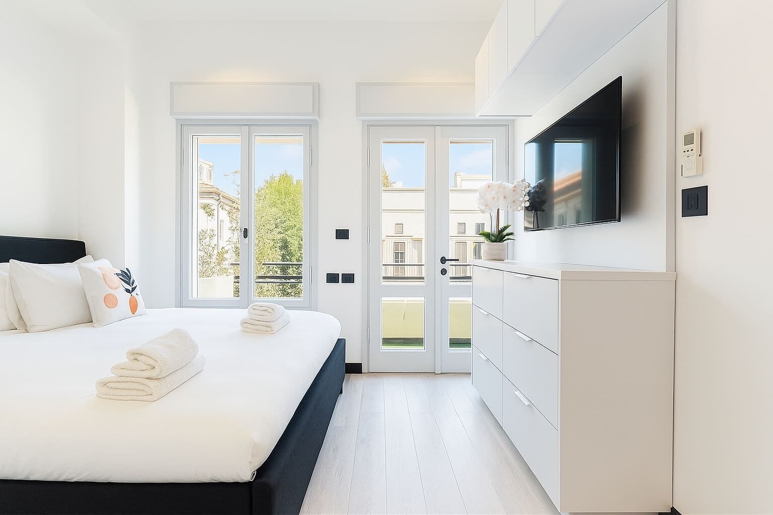 1 bedroom, desk, iron/ironing board, travel cot