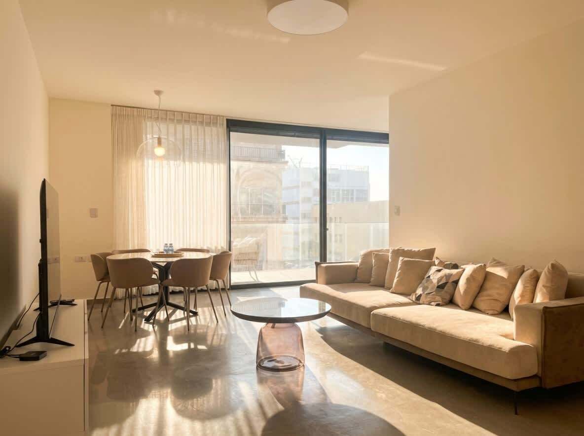 A modern living room with a sofa, a round coffee table, and a dining area with chairs and a table.