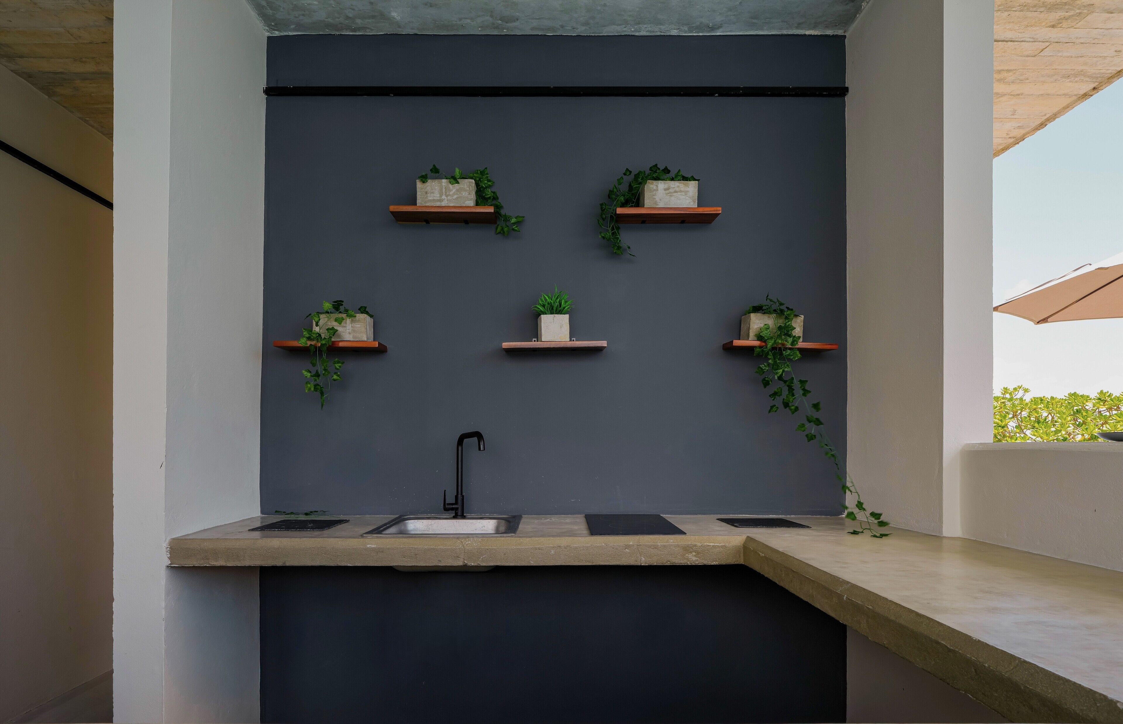 Une cuisine moderne avec un revêtement mural foncé, des étagères en bois ornées de plantes, un évier central et un plan de travail en béton.