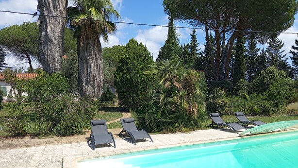 A pool area with lounge chairs and a clear blue pool. - Large villa with 11x5m pool in 7700 M2 grounds. Veranda and multiple terraces. (Montescot)