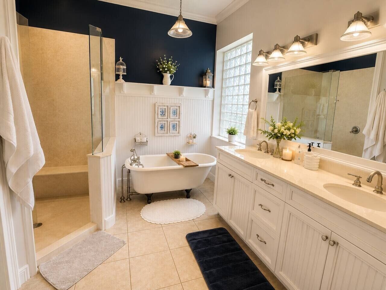 A bathroom with a freestanding bathtub, a large mirror, and a walk-in shower.