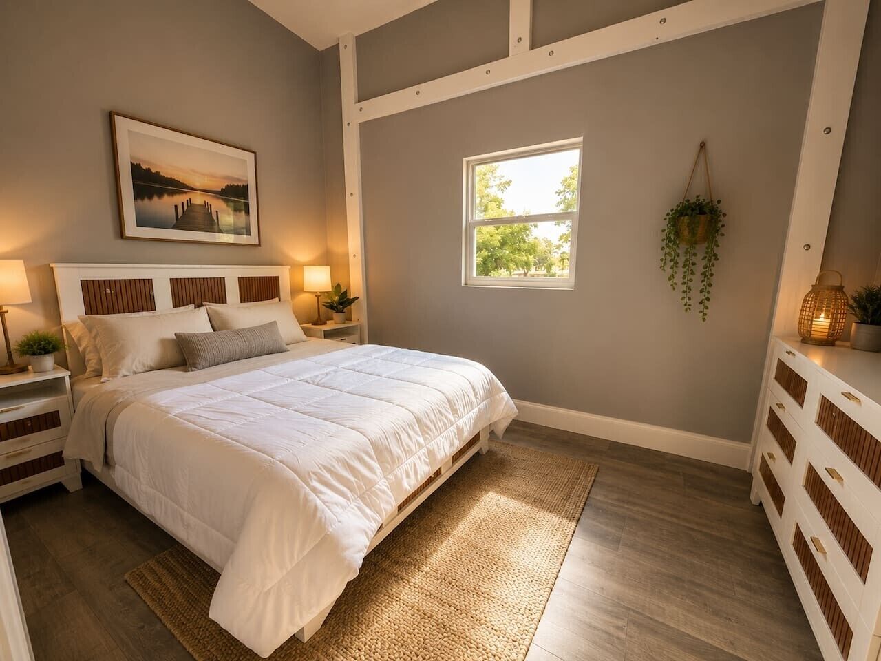 A bedroom with a bed, bedside tables, a window, and a wall-mounted plant.