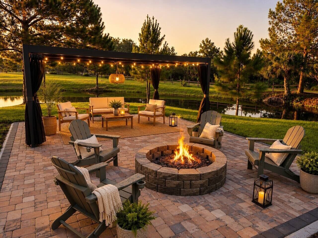 An outdoor patio with a fire pit, seating, and string lights.