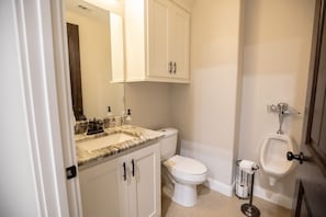 Hair dryer, towels, soap, toilet paper