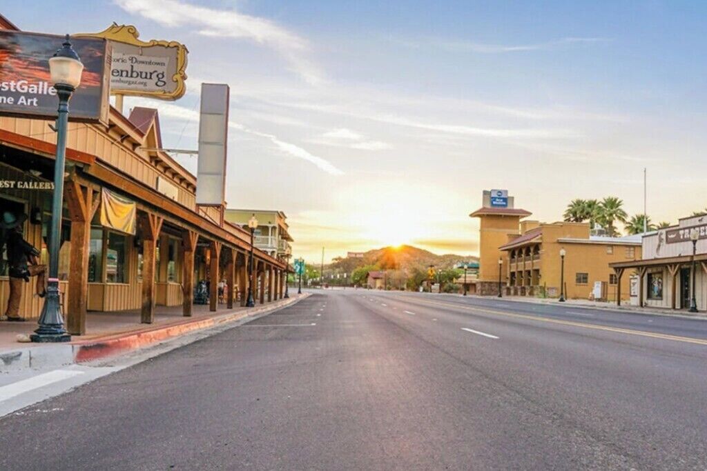 A street view with a building labeled "Historic Downtown Enburg."