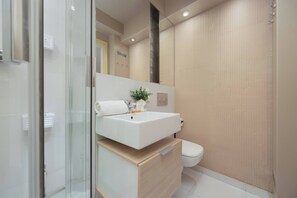 Shower, hair dryer, towels, shampoo