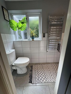 Hair dryer, towels, soap, toilet paper