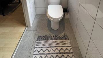 Secadora de cabello, toallas, jabón, papel de baño