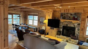 Smart TV, fireplace, books, stereo