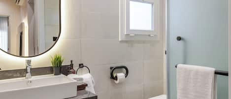 Douche, séchoir à cheveux, bidet, serviettes fournies