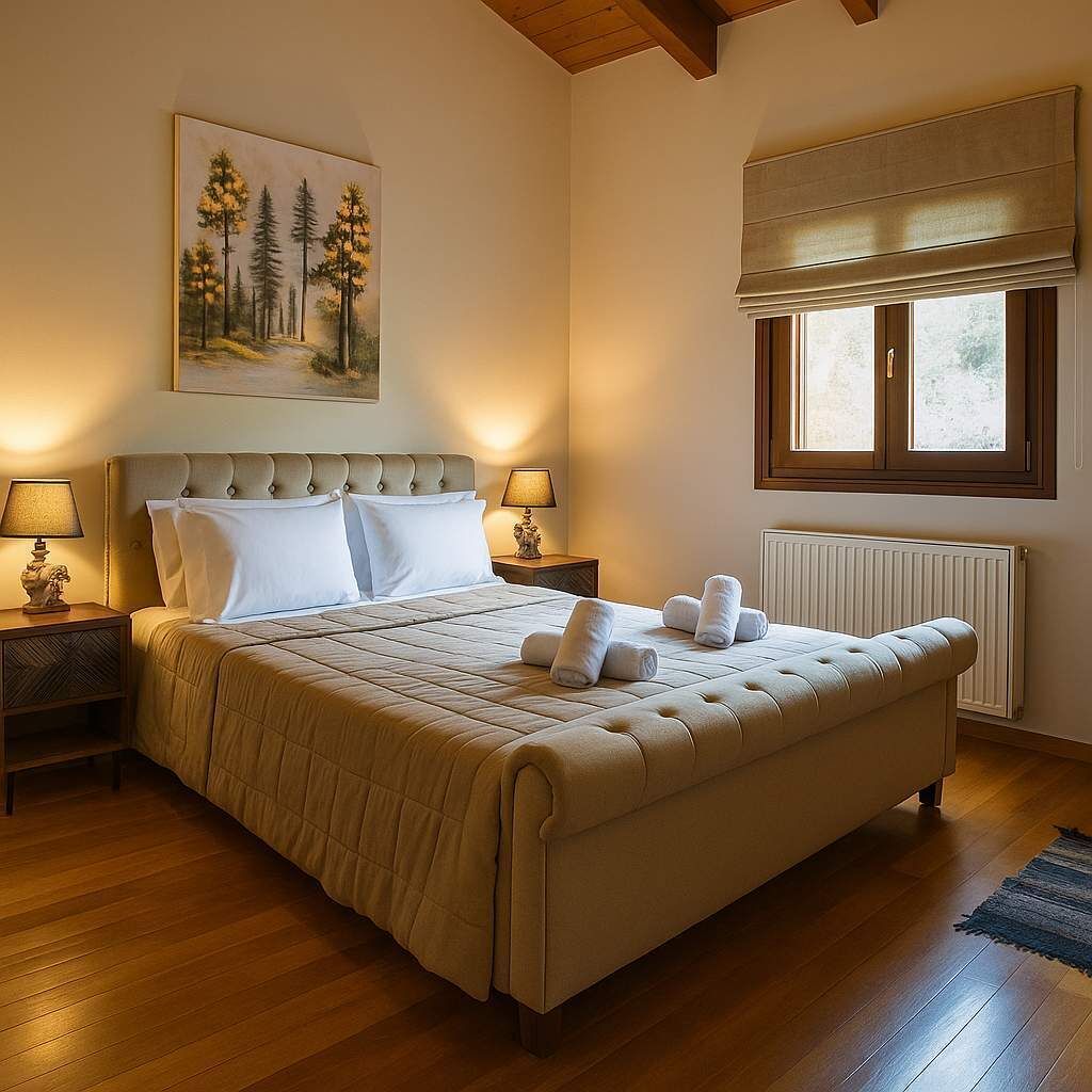 Quarto com uma cama grande, duas mesas de cabeceira com luminárias, um quadro de árvores, uma janela com cortina e um radiador.