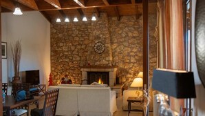 A cozy living room with a stone fireplace, a sofa, and a television.