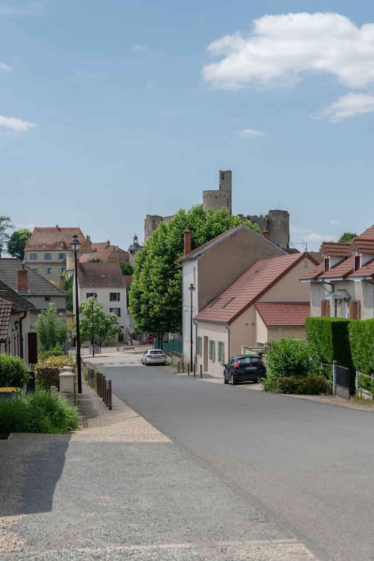 Een rustige straat met historische gebouwen, een opvallende toren en geparkeerde auto's.