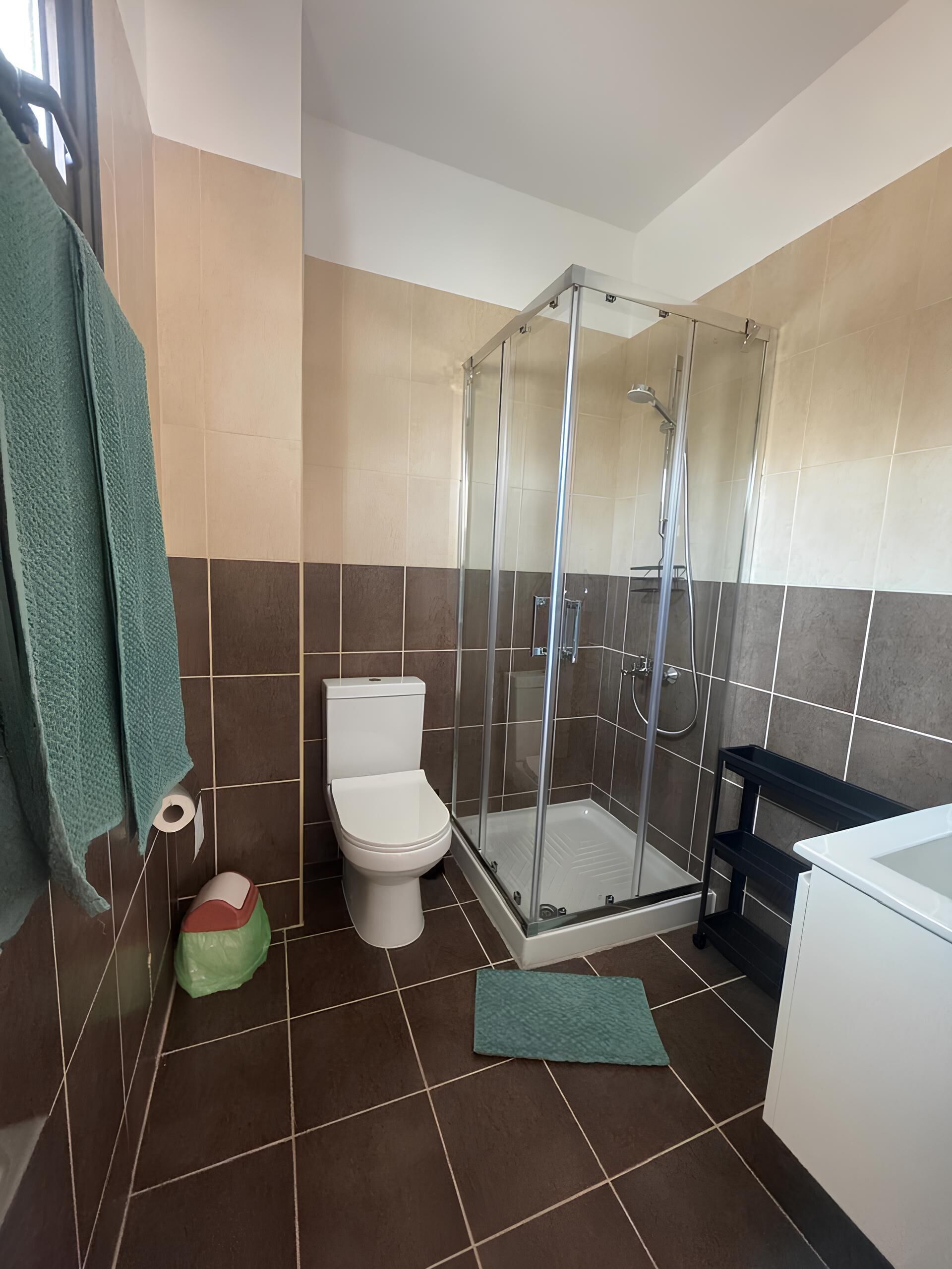 Ein Badezimmer mit Toilette, einer Duschkabine und einem Waschbecken.