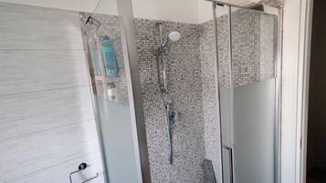 Shower, hair dryer, bidet, towels