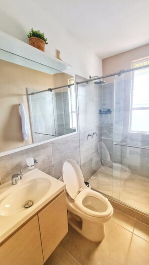 Shower, towels, soap, toilet paper