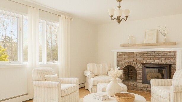 A living room with a fireplace, two striped armchairs, a round coffee table, and a chandelier. - Hampton Gem: Heated Pool, BBQ, 5 Min to the Beach (Hampton Bays)