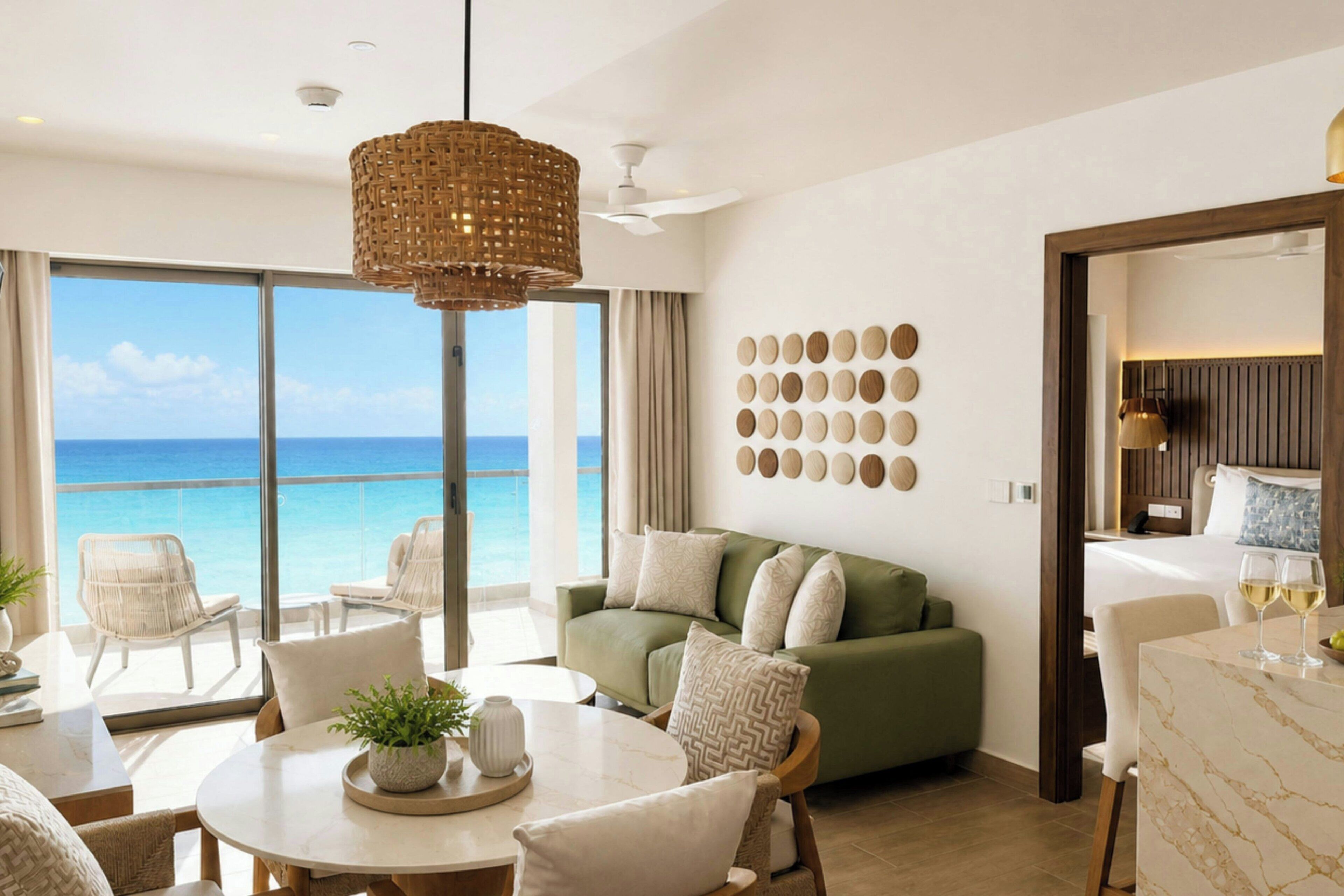 A room with a green sofa, a dining table with chairs, a large window with a view of the ocean, and a ceiling fan.