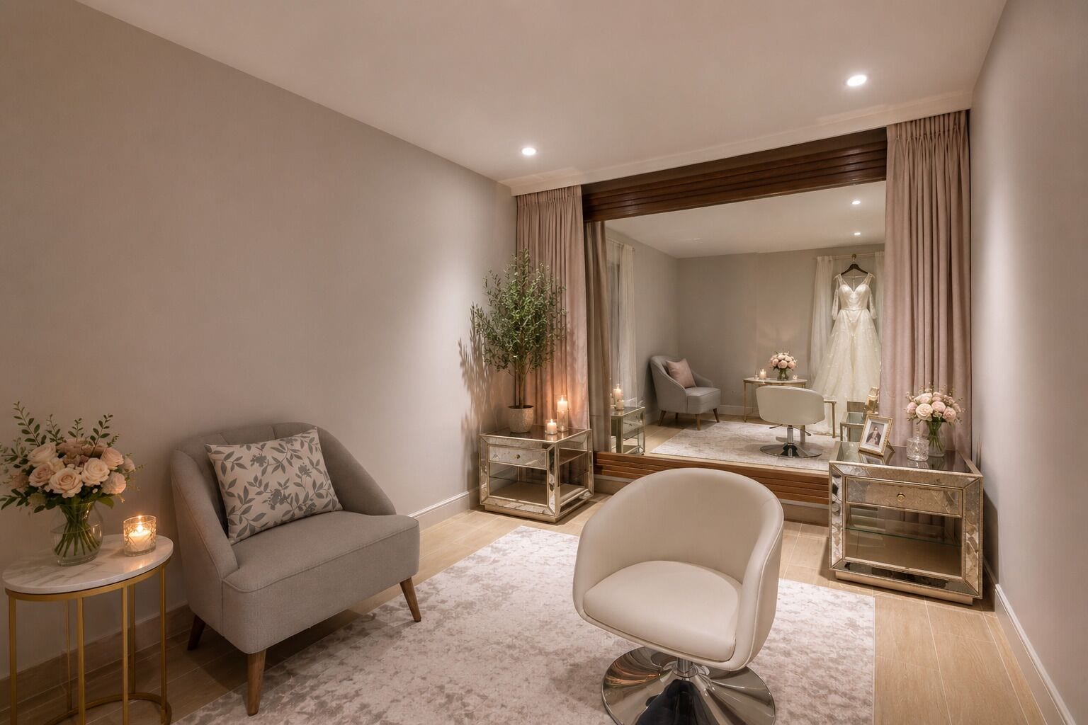 A modern room with a sofa, armchair, mirror, and a dress display.