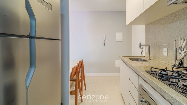 A modern kitchen with a built-in refrigerator, a gas stove, and a sink.