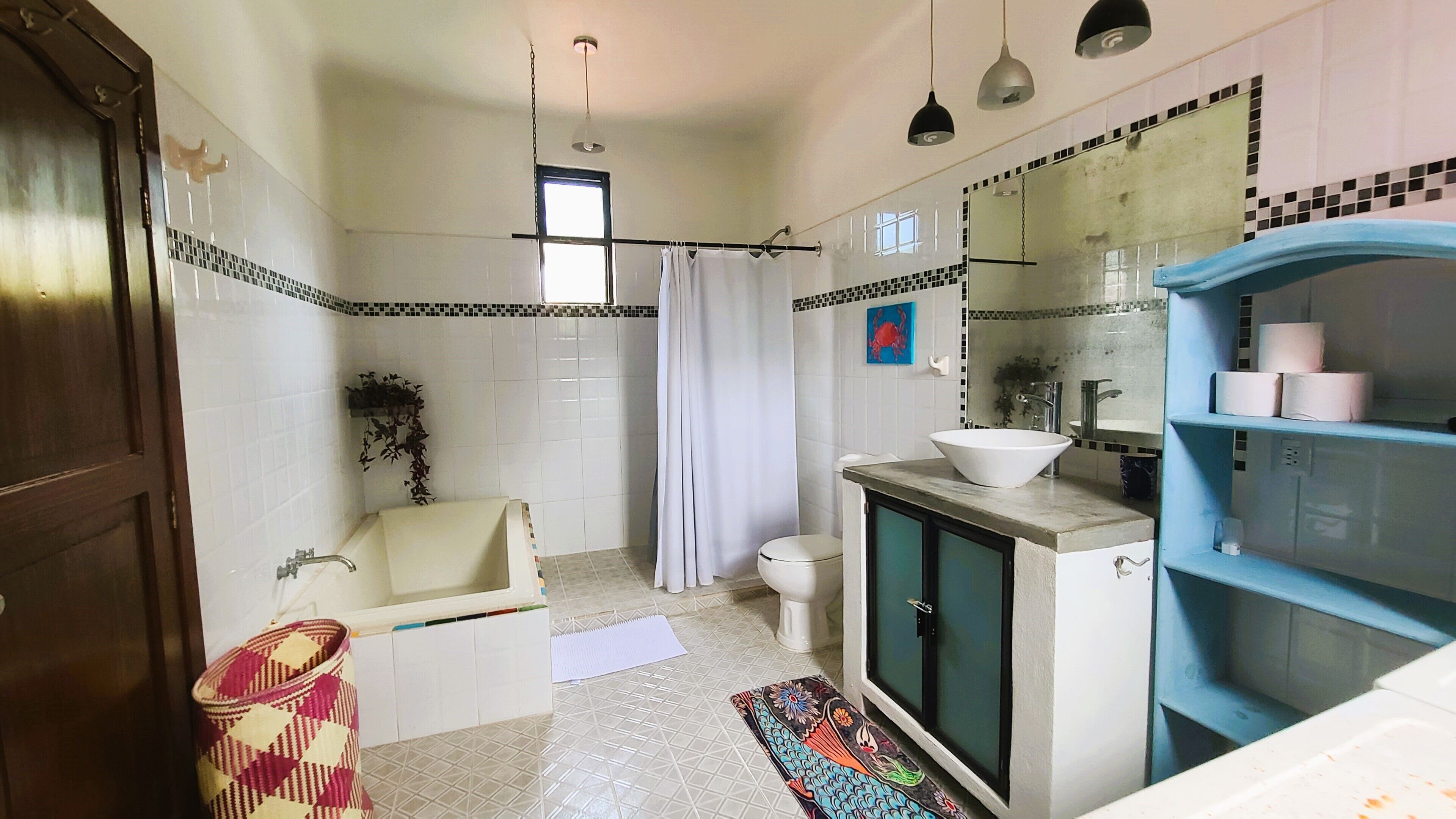 Shower, towels, soap, toilet paper