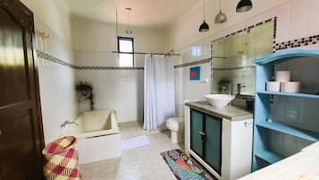 Shower, towels, soap, toilet paper