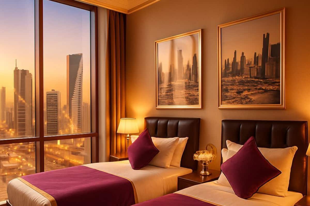 Ein Hotelzimmer mit zwei Betten, großen Fenstern und Blick auf die Stadt sowie zwei gerahmten Bildern an der Wand.