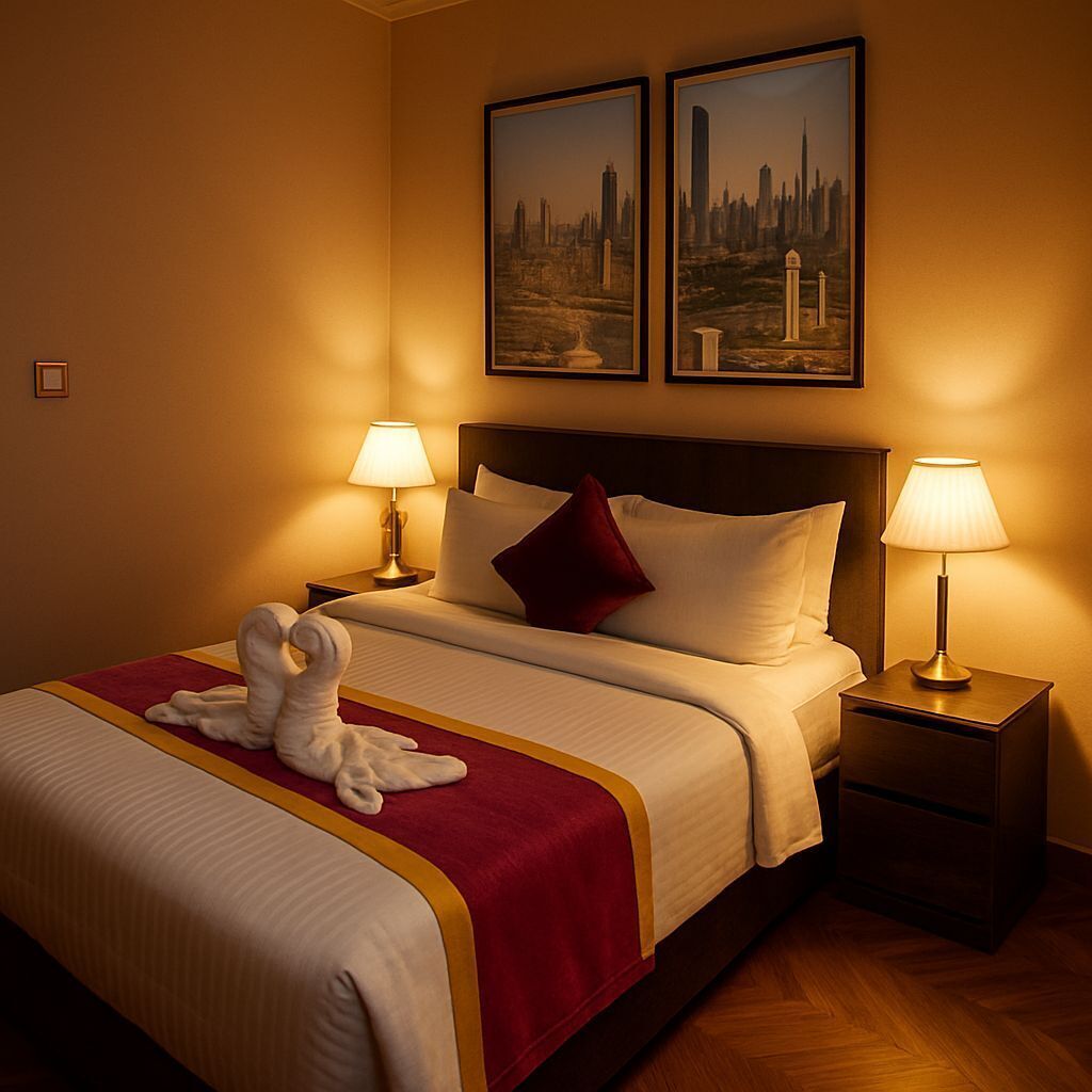 Una habitación de hotel con una cama bien tendida, dos lámparas de noche y dos cuadros con vistas urbanas en la pared.