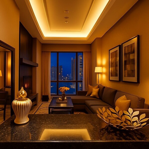 Apartamento Deluxe, vistas a la ciudad | Zona de estar | Televisión LED de 43 pulgadas con canales por cable