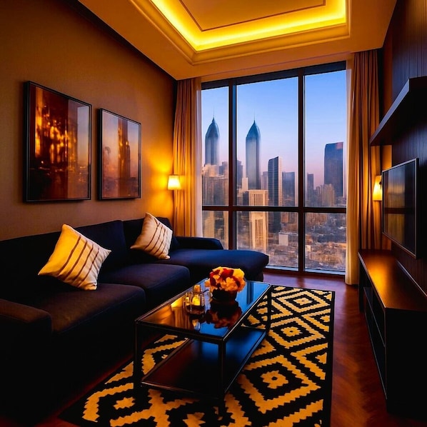 Deluxe Apartment, City View | Living area | 43-inch LED TV with cable channels