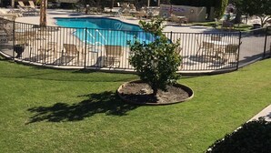 A pool area with lounge chairs and palm trees. - Palm Springs 2 bed/2bath condo - Great Location / Resort like setting - 2 pools (Palm Springs)