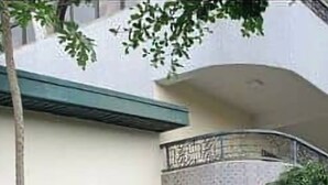 Un edifici amb façana corba, un balcó i plantes en testos.