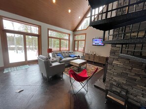 TV connectée, cheminée, livres