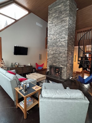 TV connectée, cheminée, livres