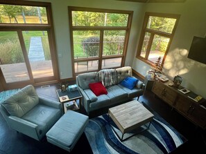 Smart TV, fireplace, books